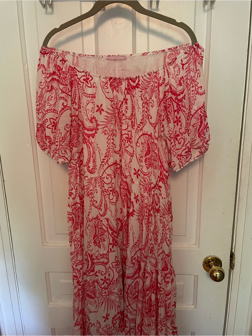 L.A.M.B. Pink and White Paisley Off-Shoulder Maxi Dress